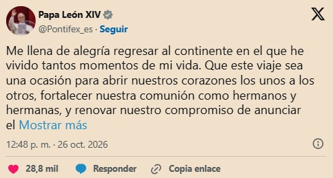 el papa león xiv confirmó su visita al país para noviembre